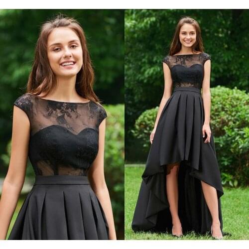 Black Lace High Low Prom Dress Long Party Dresses Bateau Button Short Front Long Back Evening Gowns Vestido de Noiva Casamento