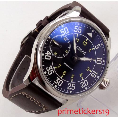 44mm Parnis Black dial Luminous Leather Strap 6497 Movement Hand Winding Mens Watch PVD/Silver Plated Case