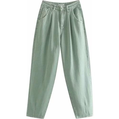 Womens Streetwear Pleated Jeans High Waist Loose Casual Jeans Pocket Crescent Pants Casual Ladies Denim Pants