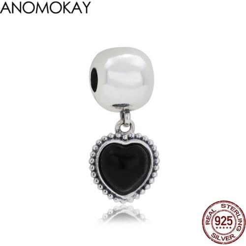 Anomokay Classic Black Heart Crystal Charm Pendant for Bracelet Necklace Real Sterling 925 Silver Clasp Pendant Fine Jewelry