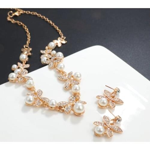 Fashion Simulated Pearl Jewelry Sets Wedding Bridal Jewelry Flower Leaf Gold Silver Plated Chocker Necklaces Earrings Sets 2019
