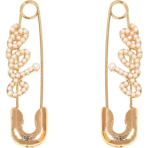 Trendy Pearl Crystal Metal paper clip statement Earring For Women Luxury Safety Pin Earrings Wedding Gift Jewelry Brincos