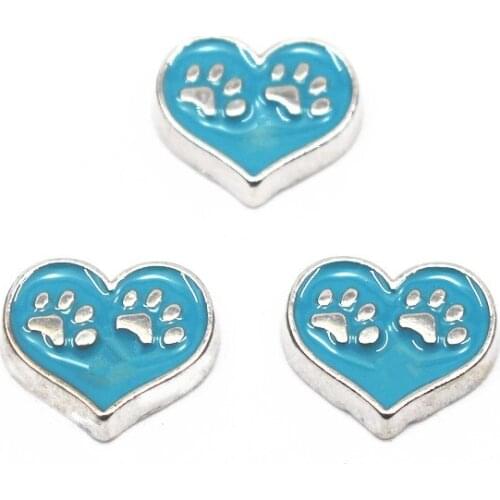 Wholesale 10pcs/lot Enamel Silver Blue Heart Dog Cat Paw Floating Charms For Glass Floating Lockets DIY Jewelry