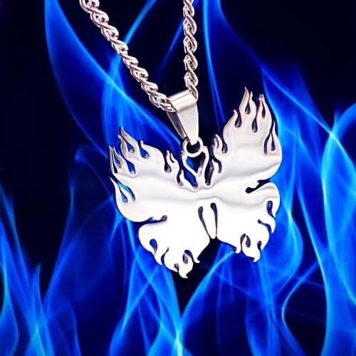 Harajuku Flame Butterfly Pendant Necklace Hip-Hop Rock Unisex Titanium Stainless Steel Chain Jewelry for Men and Women Gift