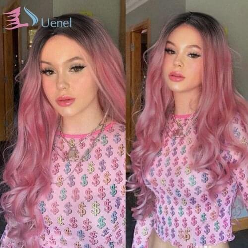 Uenel Ombre Wig Black To Pink High Density Heat Resistant Synthetic Hair Weave Full Wigs For Women (Black&Pink)