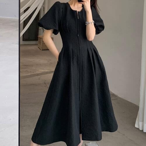 4XL Elegant Dress For Women Black Long Puff Sleeve Zipper A Line Party Club White Midi Dress Plus Size 2021 Summer Vestidos