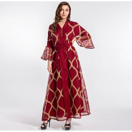 Muslim Dresses for Women Summer Muslim Women Long Sleeve V-neck Plus Size Long Dress Abaya for Women