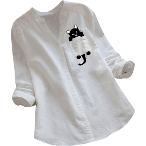 Women Cat Shirt Linen Blouse Long Sleeve Kawaii Blouses Tops Laple Pocket Down collared shirts Spring Woman Clothes