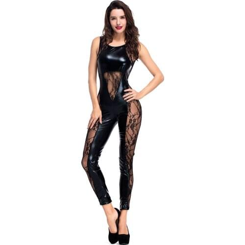 Sexy Skinny Lace See Through Wetlook Faux Leather Jumpsuit Sleeveless Backless Vinyl Catsuit Bodysuits Pole Dance Costume