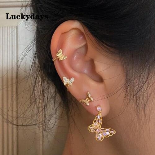 Luckydays Fashion Womens Crystal Butterfly Ear Clip Earring Set 4Pcs/Set Retro Crystal Butterfly Drop Earrings Bijoux Jewelry