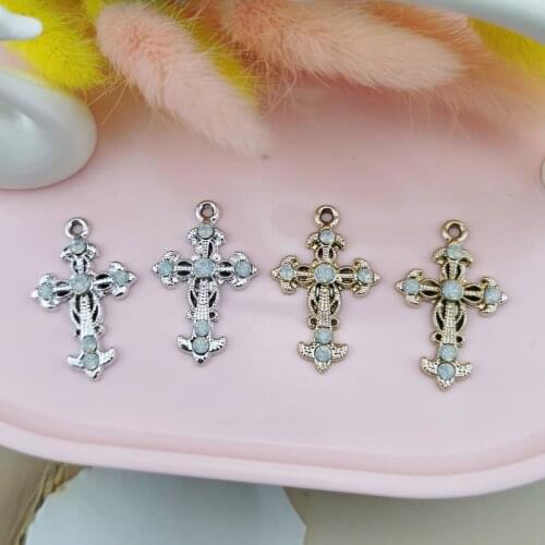 MuhNa 10PCS Rhinestone Cross Shape Charm Crosses Metal Women Earrings Pendants Couple Jewelry DIY Ornament Handmade 21*33mm