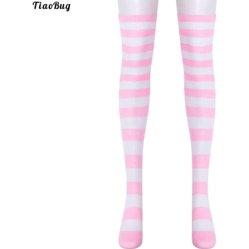 TiaoBug Women Girl Student Kawaii Striped Thigh High Over Knee Stocking Leg Warmer Anime Preppy Sock For Halloween Cosplay Party