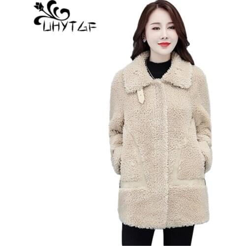 UHYTGF Women Winter Jacket Sheep Shearing Fur Coat Mid-Length Zipper Loose Plus Size Outerwear Casual Warm Female Clothes 1154