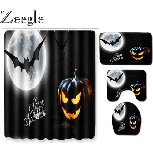 Zeegle Halloween Bathroom Decoration Shower Curtain Anti-slip Bathroom Toilet Pedestal Rug Absorbent Microfiber Bath Foot Mat