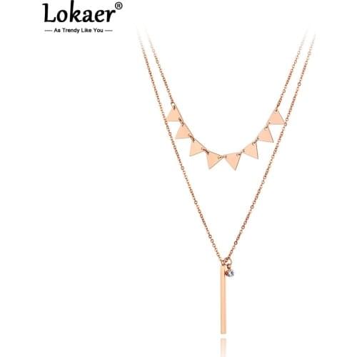 Lokaer Trendy Stainless Steel Double-layer Geometry Triangle Charm Choker Necklace Bohemia CZ Pendant Necklaces For Women N20085
