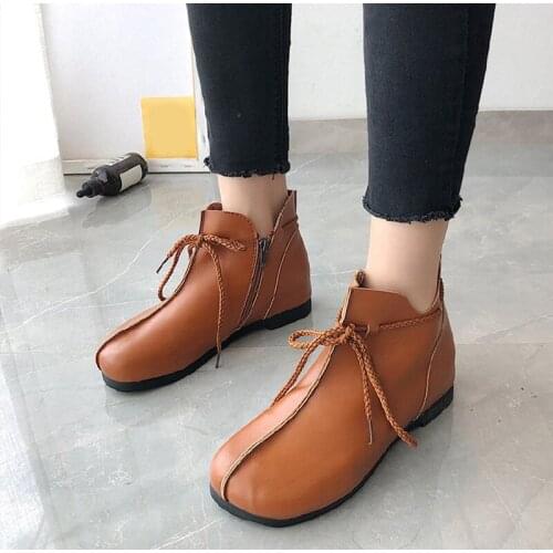 Women Lace Up Flat Ankle Boots Woman Pu Leather Solid Short Boots Female Shoes Womens Casual Platform Ladies Vogue Boots Nice
