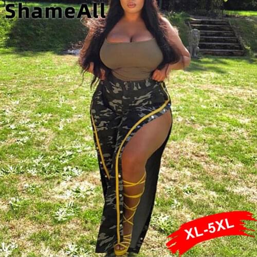 Plus Size Cut Off Split Side Long Pants 4XL Streetwear Buttons Camouflage Print Wide Leg Jogger Pant Casual Cargo Trousers