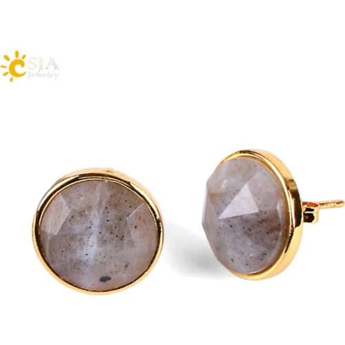 CSJA Femme Gold Color Round Stud Earrings Natural Gem Stone Green Black Red Earring Lapis Lazuli Pink Crystal Beads Jewelry E597