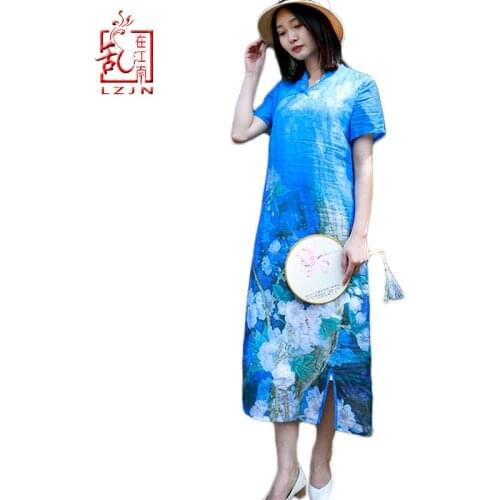 LZJN 2019 Women Girls Summer Dress Flax Linen Cheongsam Qipao Collar Chinese Style Royal Blue Long Party Dress Vestido da festa