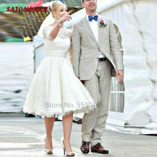 2020 Short Wedding Dress A-Line 3 /4 Sleeve Lace Scoop Neck Tea Length Ball Gown Custom Made Bridal Vestido De Novia Mariage