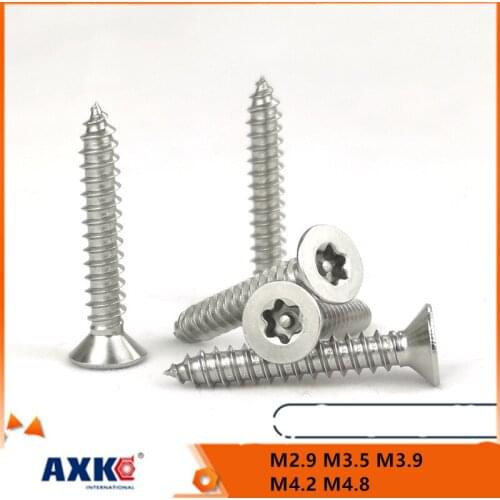 20pcs M2.9 M3.5 M3.9 M4.2 M4.8 304 Stainless Steel Six Lobe Torx Flat Countersunk Head with Pin Security Self-tapping Wood Screw