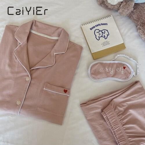 CAIYIER Pink Embroidery Love Women Leisure Clothes Autumn Winter Long Sleeve Sleepwear With Eye Mask Cotton Soft Homewear 3PCS