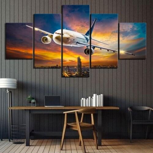 5 Piece HD Fantasy Art Canvas Paintings Airplane Cityscape Night View Sunset Landscape Wall Paintings for Home Decor