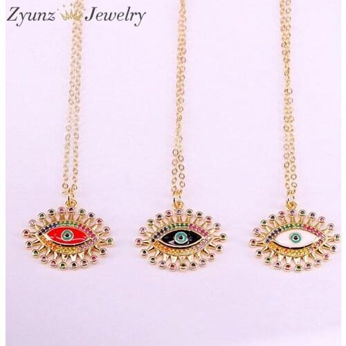 6PCS, Trendy Enamel Eyes Pendant Necklace Rainbow CZ Eyelash Jewelry Charm Pendant Necklaces