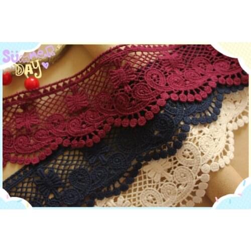7CM Cotton Lace Ribbon Sewing Tape, Fuchsia/Navy Blue/Beige Water Soluble Hollow Out Lace, Free shipping