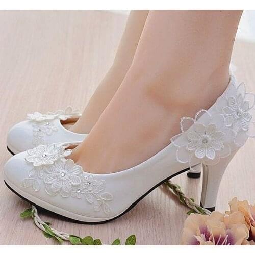 9CM high heels white lace pumps shoes woman handmade sweet designer ladies party dinner bridal white lace flower pumps shoes