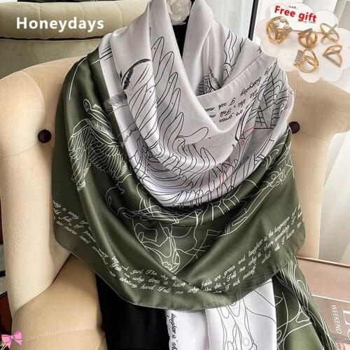 Send Free Scarfs Buckle Luxury Brand Letter Printed Silk Scarf Elegant Ladies Banquet Shawl Beach Sun Towel Travel Warm Ponchos
