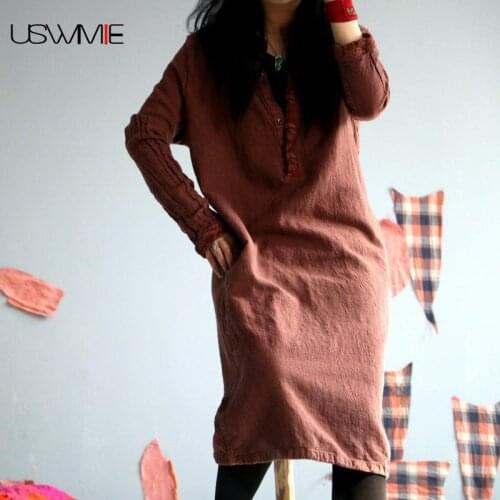 Free Shipping Plus Size Dress Vintage Solid Color Outwear V-neck Basic Vestidos Long Sleeve Long Section Comfort Elegant Dress