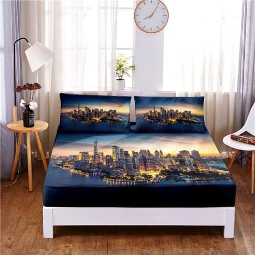 City Night Scene 3pc Polyester Solid Fitted Sheet Mattress Cover Four Corners With Elastic Band Bed Sheet(2 pillowcases)