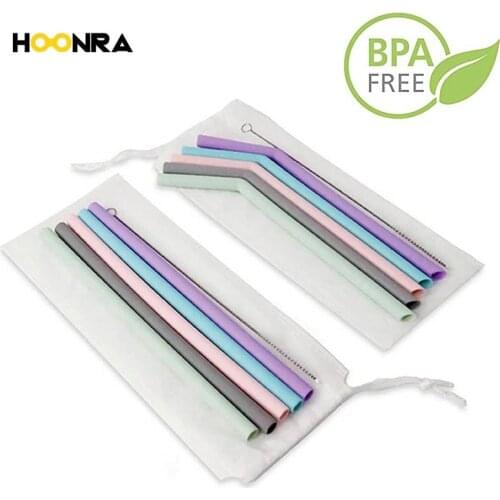 HOONRA 6Pcs Reusable Silicone Straw Set With Cleaning Brush Food Grade Drinking Straws Party Drink Straws BPA Free