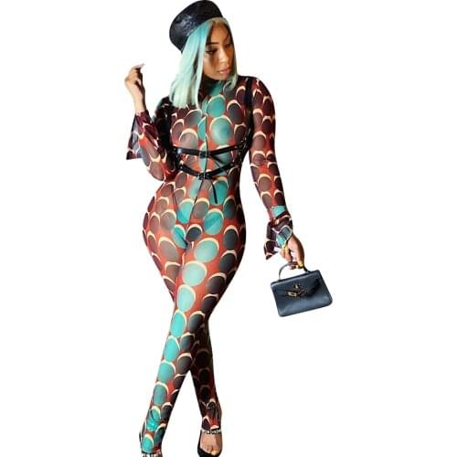 2020 women fashion jumpsuits mesh printed ruffle long sleeve stand slim women sexy jumpsuits