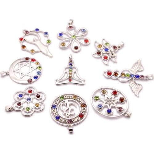 Colorful chakras Alloy diamond Pendant necklace religion accessories for man woman Jewelry with Silver clavicle chain