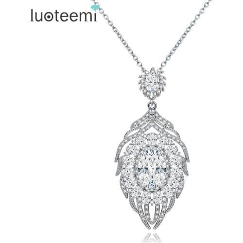 LUOTEEMI Luxury Women White Gold-Color Big Feather Pendant With Full Sparkling Cubic Zirconia Necklace For Wedding Party