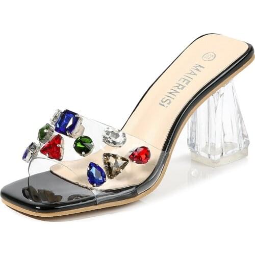 Mclubgirl Womens Sandals Low Top Square Supply Plus Crystal Square Transparent Rivet Sexy Sandals For Women Party WZ-T8-8