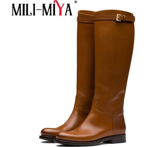 MILI-MIYA New Arrival Women Cow Leather Boots Knee-High Slip-On Solid Color Round Toe Square Heels Waterproof Plus Size 34-45