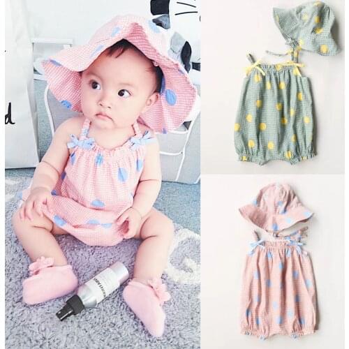 2019 NEW Baby Girls Clothes Summer Sunsuit Wave Point Princess Rompers+Sun Hat Brief Set Infant Outfit Jumpsuit