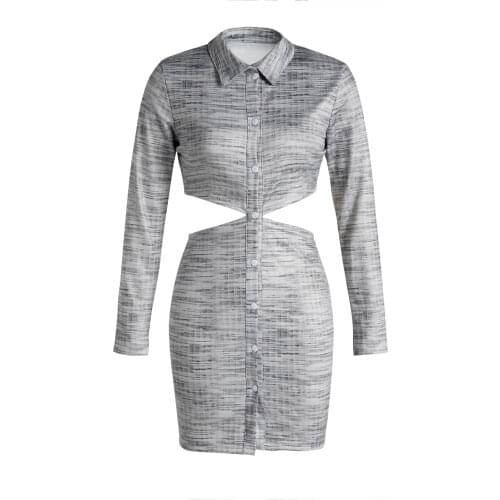 Women Button-down Sheath Dress, Adults Solid Color Long Sleeve Lapel Cutout Dresses