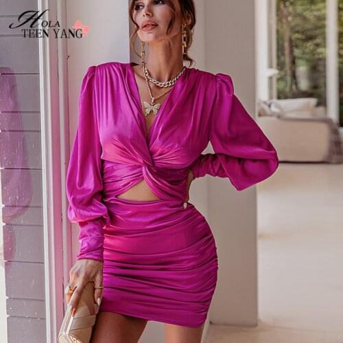 Hola TeenYang Sexy Satin Deep V Neck Mini Dress Solid Pleated Bodycon Lantern Sleeves ffice Lady Dress Hollow Out Party Vestidos
