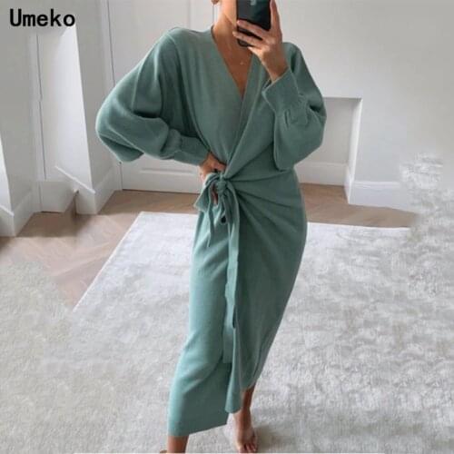 Umeko Autumn Winter Women V-Neck Knitted Dress Elegant Casual Long Sleeve Midi Dress Solid Loose Split Side Sexy Dresses Mujer