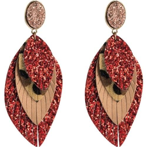 Most Popular Summer Bohemia Hyperbole 7 Colors Multi Layer Leather Printing Leaves Stone Stud Drop Earrings for Women