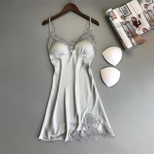 Girl Silk Nightgown Summer Lace Night Dress Sleepwear Babydoll Nightie Satin Homewear Chest Pad Nightwear 8