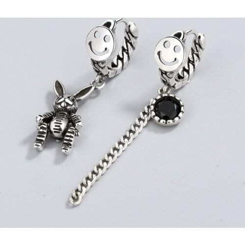 Vintage Drop Earrings for Women Punk Style Asymmetry Smile Rabbit 925 Sterling Silver Zircon Chain Tassel Earring Jewelry Girl