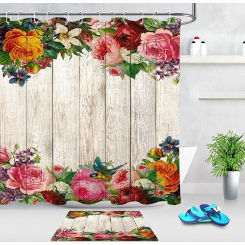 Waterproof Shower Curtain For Bathroom Spring Flower Floral Wooden Board Printing Bathtub Curtains Polyester Fabric Curtain