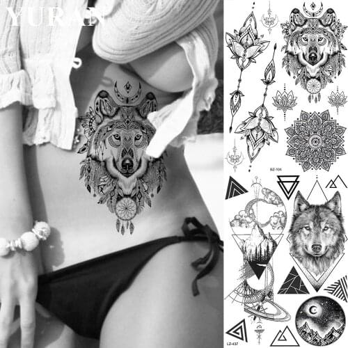 YURAN Black Sexy Waist Wolf Henna Mandala Flower Fake Tattoos Temporary Women Men Waterproof Tattoo Stickers Body Arm India Tato