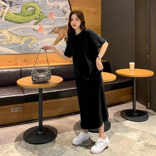 Women Oversize Solid Color Dress Short Sleeved Round Collar Loose Vintage Long Dress Party Beach Sundress for Summer