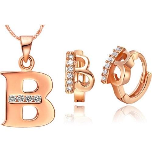 Women A B C D E F G H I J K L M N O P Q R S T U V W X Y Z 26 Letter Pendant Necklace Earring Set Jewelry 18 k Rose Gold Colou